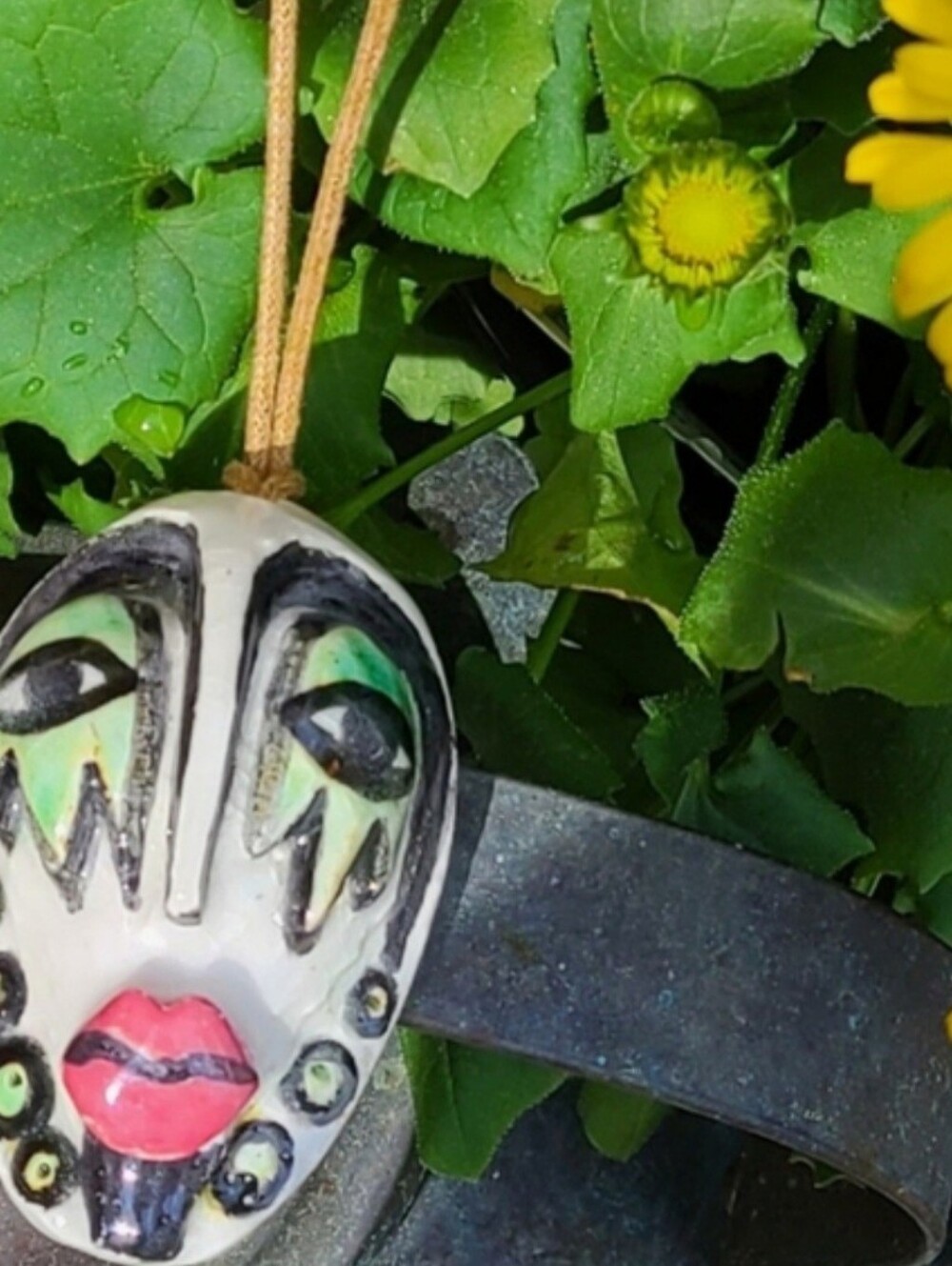 Omar Paulina Belize Mask Statement, Necklace, Hand Painted, Wearable Art